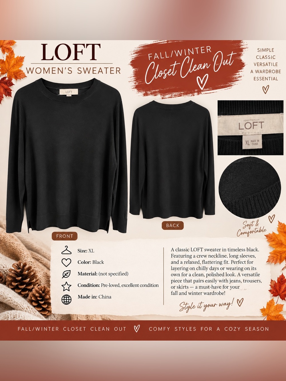 LOFT Black Crew Neck Sweater - Classic Women's Pullover